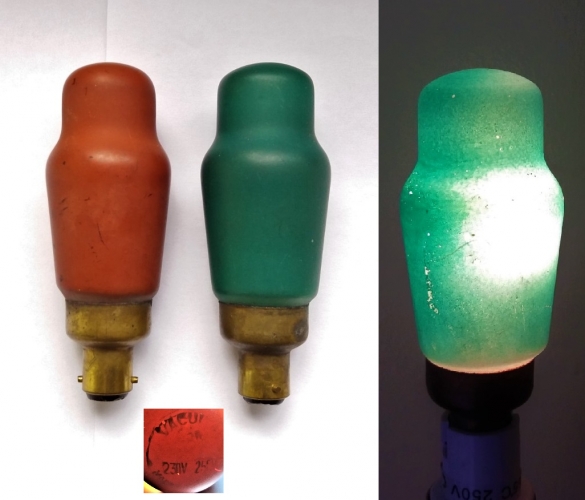 Sunshine 25w radio-valve shaped coloured lamps
Found by my recently in a lot, the seller agreed to split. I was thinking these could be some sort of experimental or war-time type of lamp where they began to use the outer envelopes of radio valves? Sadly, the red lamp is EOL but it has an etch on it (with no makers name) as opposed to the green lamp. They are very nice and curious! (Edit: they were made by Sunshine, who made cheap lamps for Woolworths. After the war there were many left over radio valve envelopes, some of which were used for lamps instead!)
