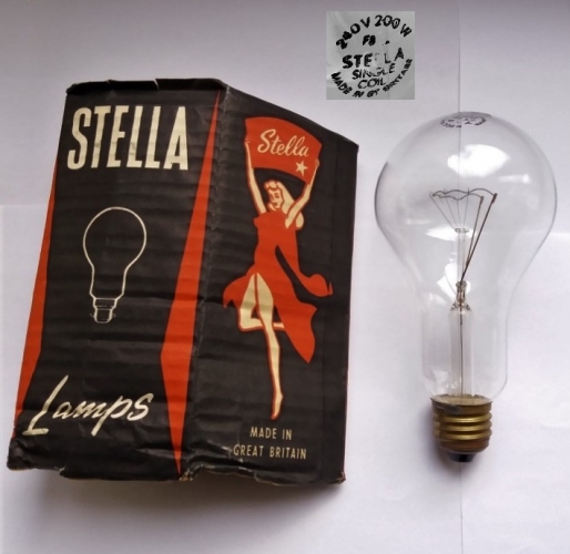 Stella 200w clear lamp
A nice lamp that I believe was produced by Philips (due to the presence of a Philips date code and due to the fact that Stella/Luxram was owned by Philips).
