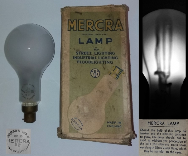 Mazda/BTH "Mercra" 125w MB early mercury lamp
A very early mercury lamp complete with original box, not a type I thought I'd find any time soon! I managed to get this for around 15 pounds, a bit more than I usually spend per lamp but considering what it is I just went for it. I hope to give this rare gem a run-up one day. I was ecstatic after buying this! Note the internal construction which I managed to take with a phone torch, I believe the arc tubes were hand blown on these lamps.
