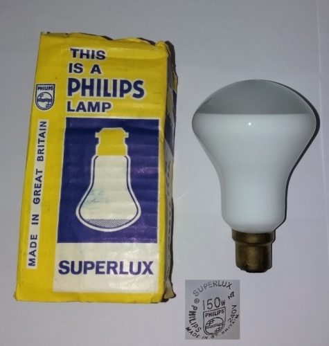 Philips Superlux 150w mushroom reflector lamp
This nice old and rare lamp was found in a recent Ebay lot.

