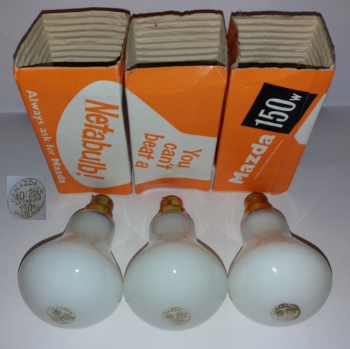 Mazda 150w "Netabulb" mushroom lamps
These 3 lovely lamps were part of a recent Ebay lot. I have lower wattage Netabulb lamps but these are my first 150w versions.
