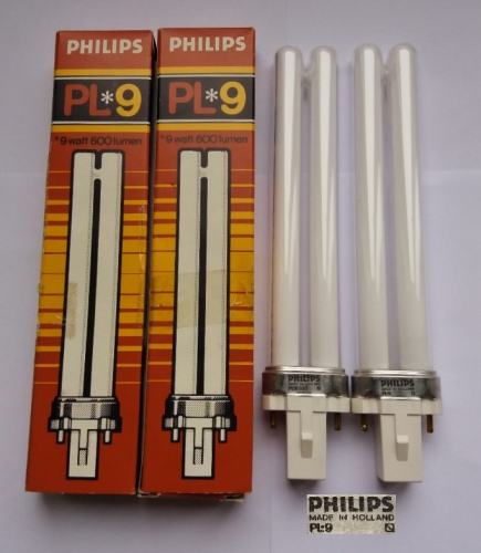 Early Philips PL*9 CFL lamps
I think these are a very early batch as they have an older box design and have "5C" printed into the plastic, translating to a date code of March 1985.
