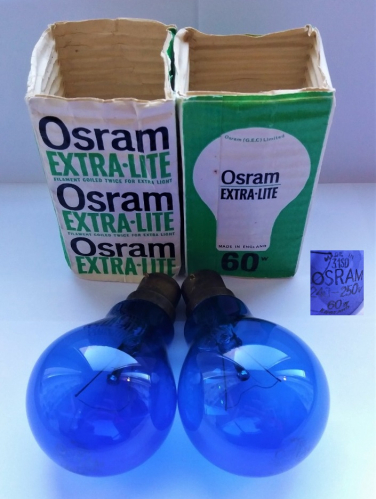 Osram - GEC 60w daylight lamps
These were both found on Ebay recently, sadly both lamps seem quite heavily used but they do still work. They are lovely proper daylight lamps, made with actual coloured glass, not lacquered like later examples. These lamps came with "Extralite" packaging, but I think the lamps themselves are older and these packages are not original.
