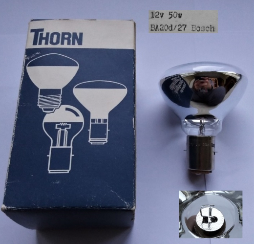 Thorn 12v 50w low voltage reflector lamp with BA20d/27 base
Quite a curious little lamp I managed to pick up off of Ebay recently, this has a base unlike any I've ever seen before.
