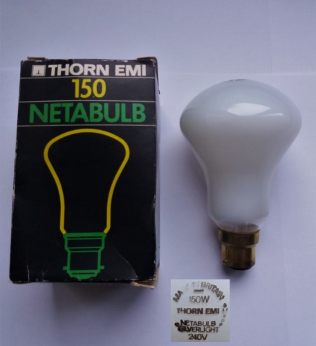 Thorn EMI 150w Netabulb mushroom lamp
A nice lamp obtained off of Ebay recently. The lamp is NOS, but sadly the top and bottom of the box got damaged as the seller closed the box using duct-tape(!!!) which no matter how carefully I peeled took some card with it, clearly they were not selling it for its collector value...
