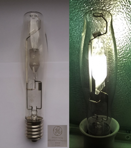 GE 400w Kolorarc bulged metal halide lamp
A lightly used but cheap and nice find I found on Ebay recently, I had yet to find one with this shape. The lamp seems quite modern.
