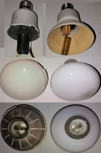 Inside 2 types of Induction lamps (GE Genura and Osram Dulux)
Both lamps shown were EOL before being opened up. The Dulux survived well despite being forced open, but the Genura had to be hacked open! It is fine as there was no life left in it anymore, not even the slight flickering it had when I got it. It is interesting seeing the internal construction of these, the Osram lamp (made in Canada) is actually made by Sylvania (the same plant as their Dura-One lamps came from).
