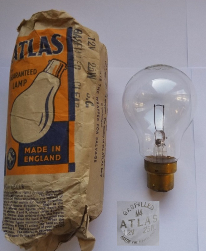 Atlas 12v 25w filament lamp
This is quite an interesting lamp from the 1940s (see the paper rationing notice) I found in that recent Ebay lot. Sadly the packaging isn't in amazing shape but the lamp itself works nicely enough. A very nice specimen of an older low voltage lamp!
