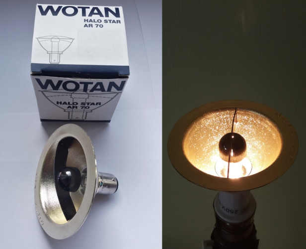 Wotan (Osram) Halo Star 12v 50w halogen display lamp
A recent NOS Ebay find, quite an attractive design with a gold rim. I had wanted one of these older decorative B15 halogen lamps for quite a while so I am glad to have found this one.
