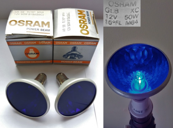 Osram Powerbeam 50w blue dichroic B15 reflector lamps
These lamps are brilliant, I found them on Ebay recently. These were offered for a short time by Osram-GEC in the late 1980s for decorative use, with very thick solid coloured glass lenses. Sadly the seller only had these blue versions, although the shade of blue is very deep and almost violet in colour.
