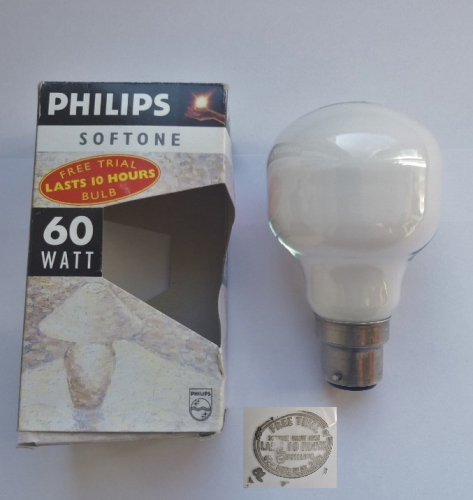Philips Softone 60w 10 hour free trial lamp
I recently found this in a lot on Facebook local and was very happy when they agreed to sell separately. I have only ever seen one of these before in someone else's collection, it seems these free trial lamps were also offered in various colours like the normal Softones. What I don't understand is how it is designed to last 100 times less than a conventional lamp, when testing it it didn't look at all overdriven. Overall, a rare and interesting lamp which I am happy to have found as a Softone lover.
