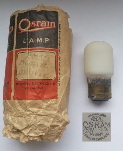 Osram-GEC 1940's 15w white pygmy lamp
A lovely lamp I found recently on Ebay, complete with lovely external coating! It likely dates from back to the 1940's due to the presence of a paper salvaging notice on the wrapper.

