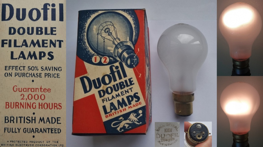 Duofil 25w dual filament lamp
A very nice old lamp I managed to get off Ebay for an incredibly reasonable price recently. This lamp is designed for double life through having 2 filaments (shown operating in the photos), you can switch between them using a small switch on the base that rotates between two contacts (also shown).
