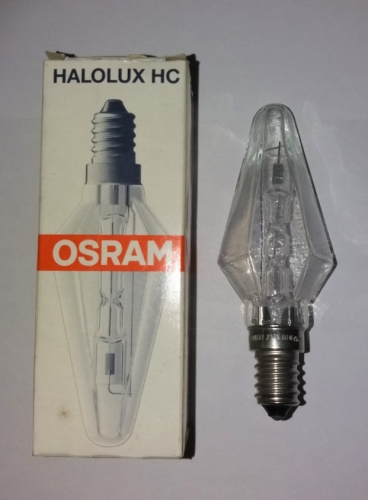 Osram Halolux 60w diamond-shaped halogen candle lamp
A very nice find from a store yesterday. I had visited the store before where they tried to charge me 6 euros for this lamp. A year passed, and they said I could have it for just 2 euros! I should have grabbed some more of these as they are quite rare.
