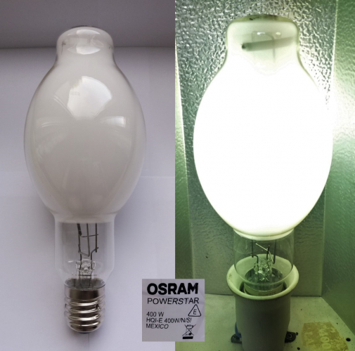 Osram Powerstar HQI-E 400w BT shaped MH lamp
This was a nice lamp bin find, the lamp itself appears to be NOS. I really like this shape of lamp, it's a pity it was not used very much outside the USA.
