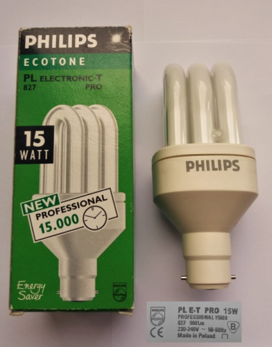 Philips PL E-T Pro 15,000 hour CFL lamp
A nice recent find, these CFLs really represent the climax in terms of CFL production quality. A few years later production would move to China, where quality would drop somewhat.
