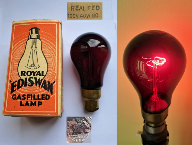 Ediswan 40w 100v "Real Red" filament lamp
Definitely my favourite Ebay find for a while. Probably dating from the 1930's (going by the box style and voltage), this lamp cost me just 99p, and is made out of red natural glass. The packaging denotes it as "Real Red"; it also has quite an interesting etch.
