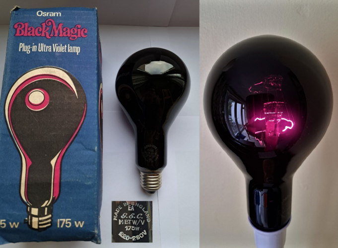 Osram "Black Magic" 175 self-ballasted mercury blacklight lamp
Recent Ebay find. In the 1970's and '80s Osram-GEC sold these lamps in both trade and consumer-orientated packaging. Those buying from Osram directly I would imagine got these lamps in a plain wrapper (I have a couple in my collection) and anyone buying this from a shop would've gotten this much more funky wrapper!
