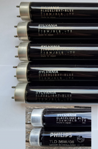 Sylvania 18w and 36w BLB tubes
I found all of these in the lamp bin today (including the Philips at the bottom and a few more generic ones by Eiko, unbranded etc.) and surprisingly they all seem NOS!
