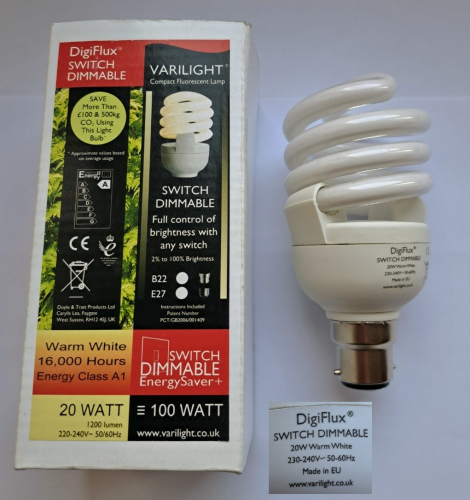 Varilight DigiFlux 20w dimmable CFL lamp
This is a very odd lamp from that shop in London, it's of relatively recent manufacture and features a very odd switch-dimming system. This lamp was made in Europe too as opposed to China, I wonder which factory this rolled out of?
