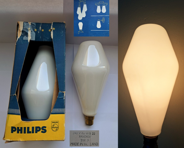 Philips 60w Fantasie-B decorative lamps
I am very happy to have found this pair of lamps on Ebay not too long ago after searching for them for ages. Sadly these aren't the versions with the metal collar which I prefer but they are excellent nonetheless. Hopefully I can manage to find some of the other Fantasie lamps at some point.
