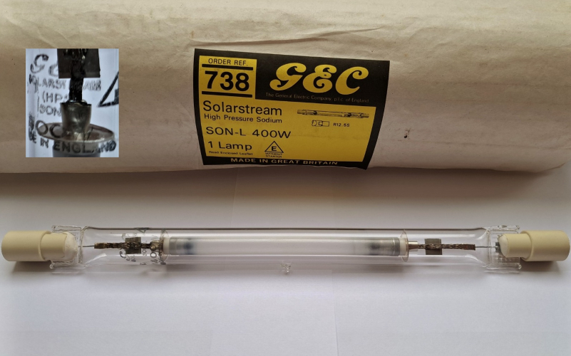 GEC Solarstream 400w tubular SON-L lamp
I'm not usually a fan of linear discharge lamps like these but a mixture of this lamp's reasonable price and the fact I didn't really have any of these lead me to add it to my collection. An interesting lamp overall!
