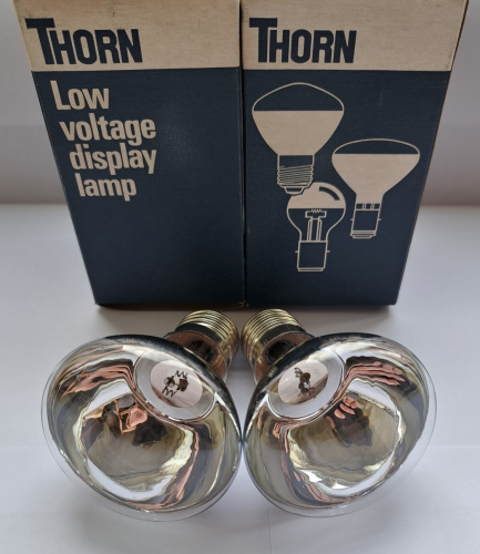 Thorn 12v 50w reflector lamps with E27 base
Recent Ebay finds, I have quite a few of these 12v Thorn reflector lamps with various bases now. These lamps have very small filaments!
