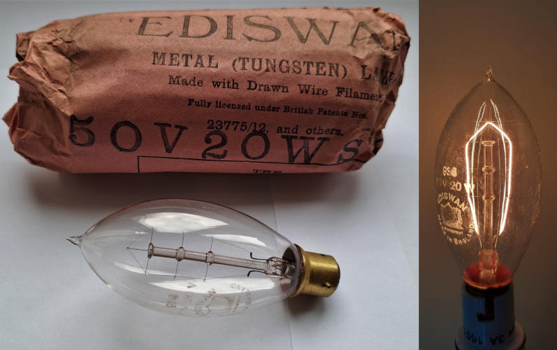 Ediswan 50v 20w pip top candle lamp
My thanks go to member Keiron for sending me this absolutely lovely lamp! This lamp probably dates back to the late 1910's or early 1920's I would imagine? It's a miracle its wrapper has survived after so long.
