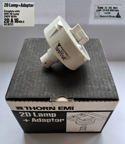 Thorn EMI 16w 2D adapter
At long last, I have managed to get my hands on a 16w 2D adapter after missing out on some on Ebay in 2019. Sadly, the original lamp which was a rather nice and early Thorn 2D, had been smashed to smithereens when it arrived.

