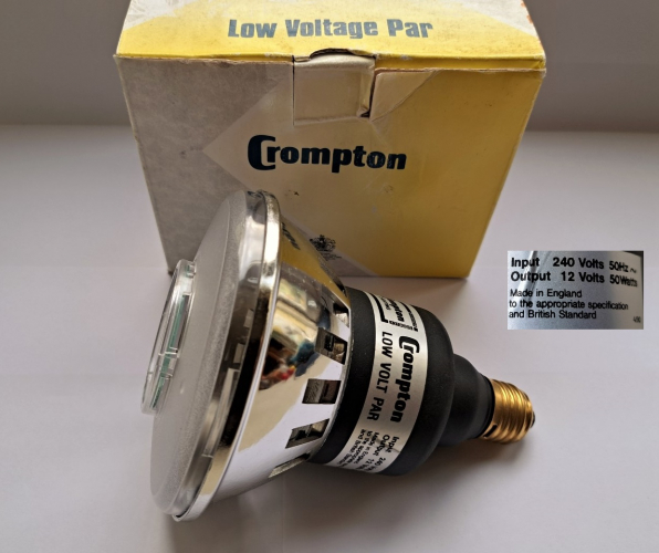Crompton 12v halogen adapter PAR lamp
An interesting recent Ebay find. In the 1980's these seemed to be all the rage (albeit quite briefly!) until CFLs and mains halogens came along and they were quickly phased out due to their bulky nature.

