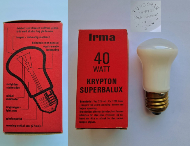 Irma/Tungsram 40w Krypton Superbalux lamp
An interesting little mushroom lamp found in an Ebay lot. This appears to just be a repackaged Tungsram lamp for a Scandinavian country (pardon my ignorance!) The odd thing is that the lamp looks older than the box, the lamp looks to be from the 1970's and yet the box has a barcode! Maybe it is not as old as I thought.
