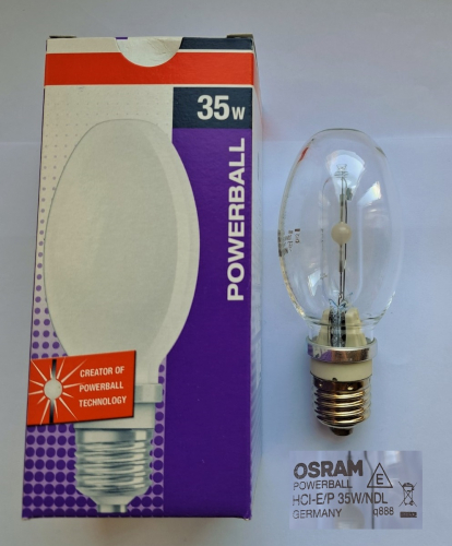 Osram Powerball clear 35w metal halide lamp
A curious little Ebay find was this Osram Powerball metal halide lamp, which is of an interesting construction having a double glass envelope.
