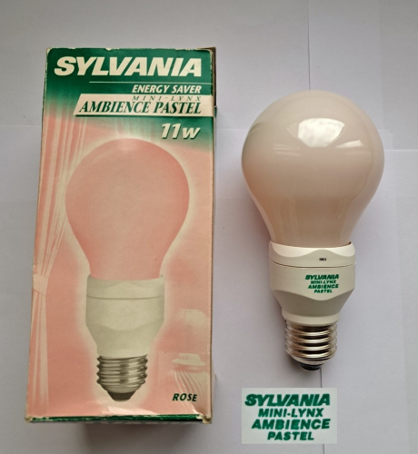 Sylvania Ambience Pastel 11w CFL lamp (EOL)
This rare lamp was found as part of a lot on Ebay not long ago. These were made in both stick-form and GLS-shaped form, I have some of the standard stick-shaped versions but had not found any GLS-shaped ones up until now. Sadly, this lamp must have had a crack in the glass because despite being NOS, it lit for a split second and then extinguished.
