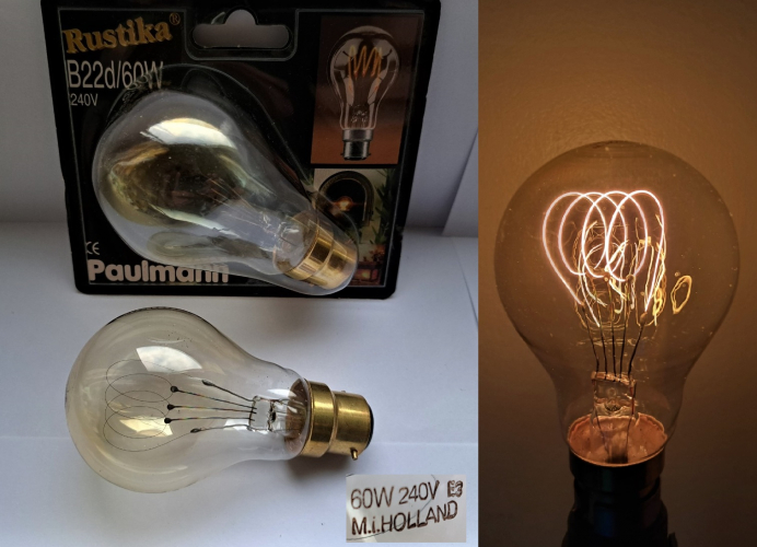 Paulmann Rustika 60w carbon lamps (made by Philips)
Prior to obtaining these, I only had 1 which I had bought some years ago and arrived with a damaged filament, sadly. These interesting modern carbon lamps must have been amongst the very last made by Philips in 2003.
