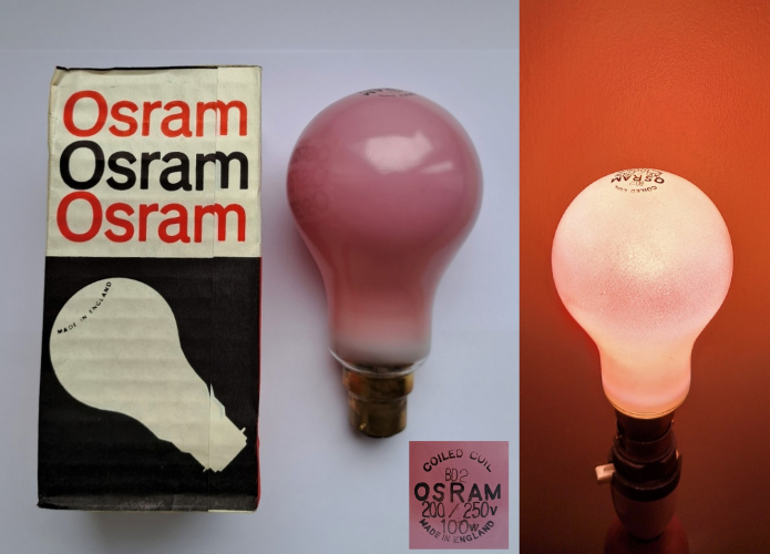 Osram 100w pink GLS lamp
A recent Ebay win. These slightly larger-than-usual 100w Osram-GEC coloured lamps are quite uncommon, I already had some of the other colours these were made in so it was nice to find the pink version. This lamp is very pleasing when lit.
