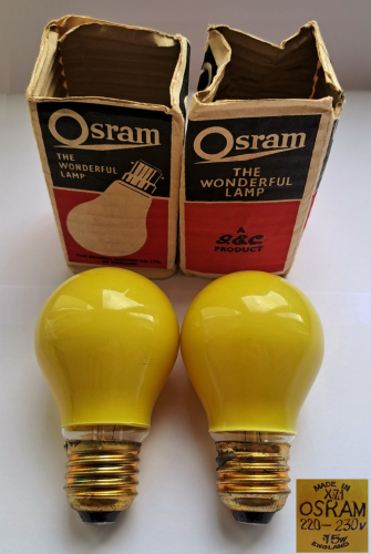 Osram - GEC 15w yellow lamps
Some lovely vintage lamps I found online, probably dating from the late 1950's. They seem slightly smaller than is conventional and are quite interesting as they feature an E27 base - not often found on UK-made coloured lamps of this age. They also have a slightly strange date code which I can't decipher.
