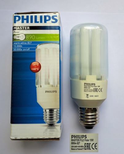 Philips Master Polar 15w CFL lamp
Here is a reasonably rarely-seen CFL lamp intended for use in very cold temperatures (places like industrial freezers, etc I should imagine). The lamp's design is not unlike the later Philips SL-Electronic lamps but features truncated tubes like Philips' Master PL-T lamps.
