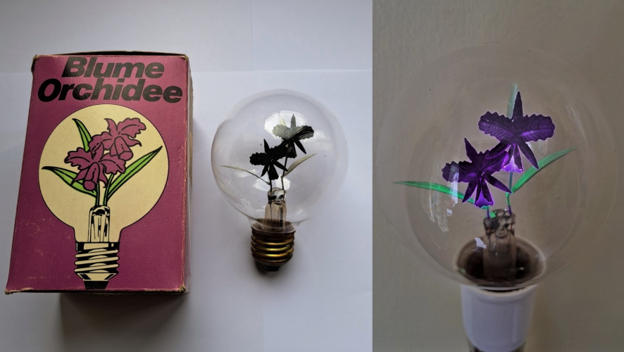 Argon orchid-shaped 5w figural lamp
Recent Ebay find - despite apparently being made for the German market this rather nice vintage (1980's) decorative lamp was found here in the UK. The lamp glows rather dim, and the resistor in the base gets very very hot quite quickly!
