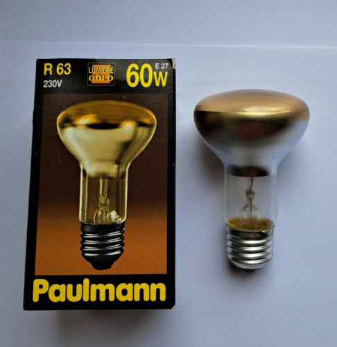 Paulmann Gold Light 60w reflector lamp
Here's an interesting one, which happened to be the last in the store. Paulmann was known for offering a large range of fairly unique decorative lamps, particularly in the halogen range. This lamp is no exception, although I'd hardly say the light this gives is any different to a standard incandescent reflector.
