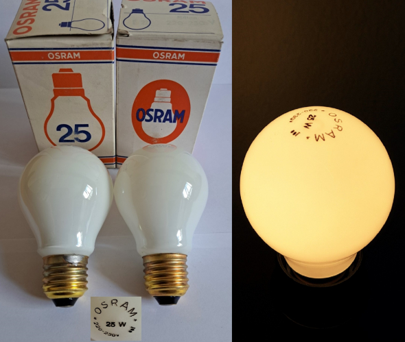 Osram 25w "Silica" incandescent lamps
Osram's answer to Philips' Argenta lamps. This was also found in the very same shop in which the Argentas were purchased. Going by the etch, these lamps were also made in Spain.
