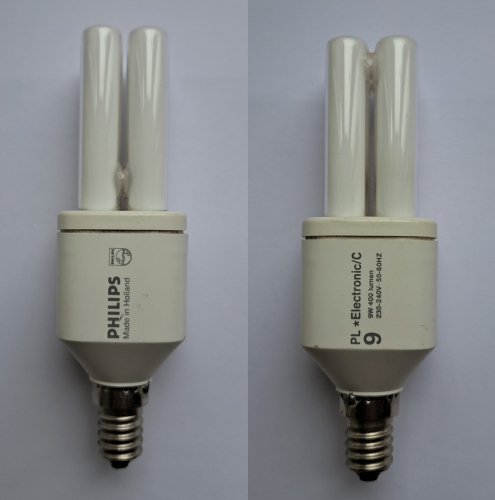 Philips PL*Electronic/C 9w 1990's CFL lamp
Another French supermarket bin find - however in full working, and which looks to have had very little use! I really like these early 1990's Philips CFLs, in fact I already had most of the wattages in this series but was missing the 9w version with E14 base.
