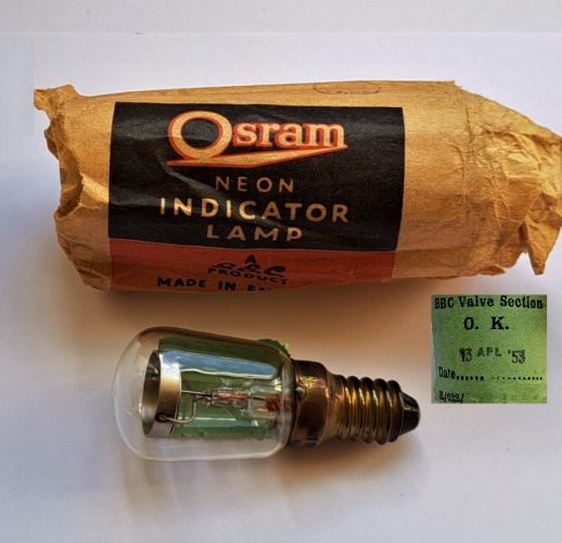 Osram neon indicator lamp with E14 base
Here's quite an unusual variant of the more common B22 0.5w neon indicator lamp sold by Osram-GEC in large numbers. Such variants featuring E14 and possibly even E27 bases were not unheard of but were generally produced in much lower numbers owing to them not having an internal resistor (such as this example). Another interesting thing about this lamp is both the sticker and stamps it has on its packaging - it appears to have been property of the BBC (British Broadcasting Corporation) when new!
