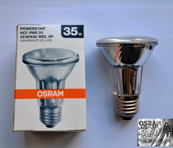 Osram Powerstar HCI PAR 20 35w metal halide lamp
I stumbled across a listing for these on Ebay recently which were quite reasonably priced. These are rather nice little lamps as they use the same envelope as halogen PAR20 lamps. Sorry about the slightly blurry picture!
