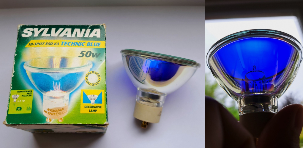 Sylvania Hi-Spot 50w Technic Blue halogen lamp
Quite an interesting decorative halogen lamp I found on Ebay recently - sadly I do not have the means to run this lamp as it sports quite an odd base - it must look great when lit!
