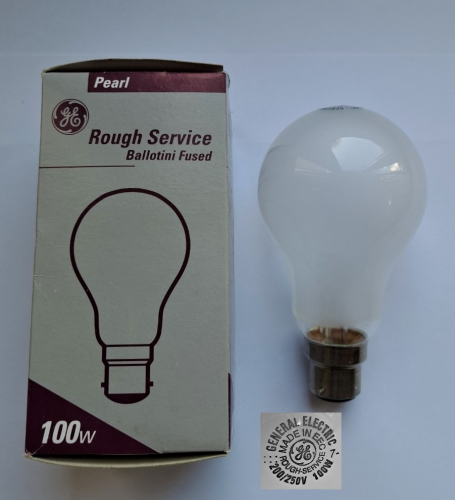 GE 100w rough service lamp with large envelope
Ebay find. I like these 100w lamps that employed the envelope typically used for 150w lamps but unfortunately they seem to be fairly hard to come by.
