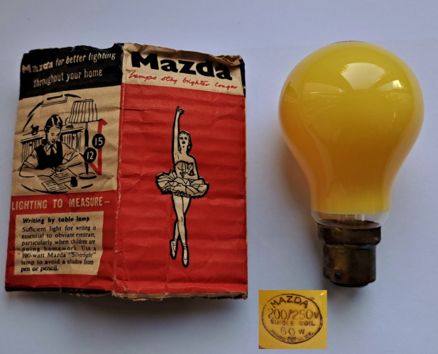 Mazda yellow coloured 60w lamp
I'm mainly sharing this one because I love its retro packaging with the chap doing homework dressed in very 1950's looking attire! Not that being bathed in a bright yellow glow would be any good for getting work done, lol!
