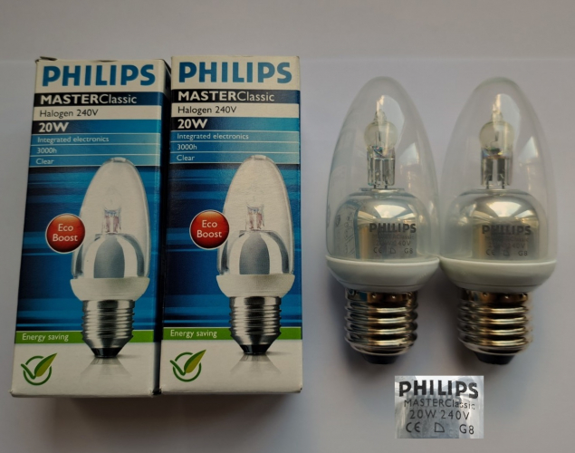 Philips Master Classic 20w halogen candle lamps
Here are some interesting lamps I picked up recently that weren't produced for a very long time. These lamps have an inbuilt transformer and were quickly phased out in favour of the more conventional forms of halogen GLS retrofit lamps. I have no idea which country these lamps originate from as they have a very strange factory symbol I've never seen before.
