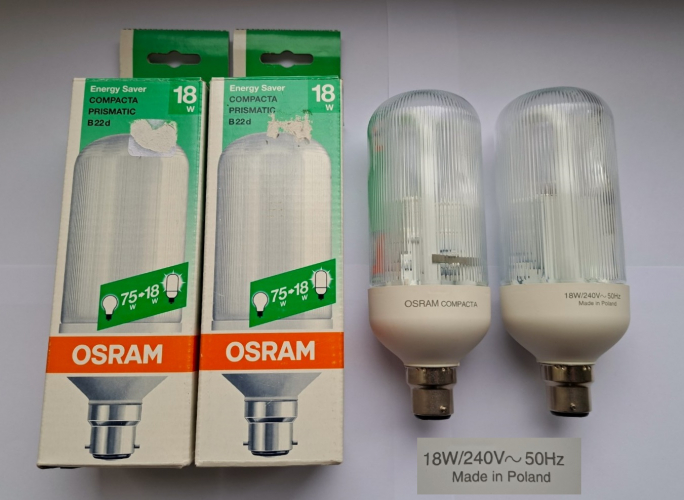 3rd generation Osram Compacta (Philips SL) 18w CFL lamps
Nothing very Compact about these! Luckily these were well packed when sent to me, sadly another SL I purchased recently wasn't quite so lucky and didn't arrive intact. These Osram-branded Philips SL's are rather rare here in the UK.
