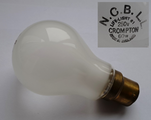 Crompton Life-Light 60w lamp with N.C.B.L.L. stamp
Nothing seems unusual about this lamp apart from its etch (and 250v rating implying it is a "long life" lamp), suggesting it was custom-made for a particular organisation. Such types of lamps were often ordered for use on transport networks and government buildings. Could the "NCB" stand for the National Coal Board? (Edit: indeed it does, and this lamp was of a special 2000 hour variety developed for them by Crompton.)
