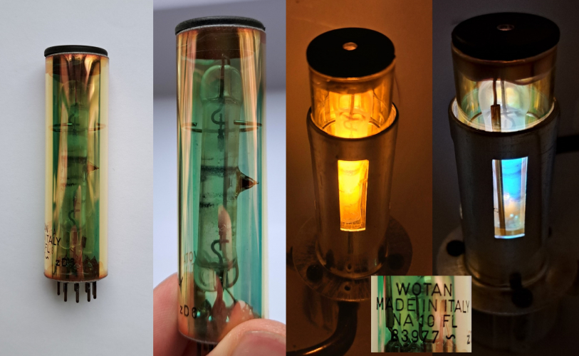 Wotan/Osram NA 10 FL sodium lamp
The very interesting (and very tiny) sodium lamp that came inside the "Duka" safelight fitting shown earlier. This lamp features an interesting dichroic filter and a strange base with a total of 9 pins. This is officially the smallest sodium lamp in my collection! Shown on the right is the lamp just after switch-on and the lamp after it has reached full brightness.
